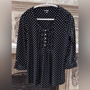 Kim Rogers Black & White Polka Dot Blouse Shirt 3/4 Sleeve Size Petite Medium